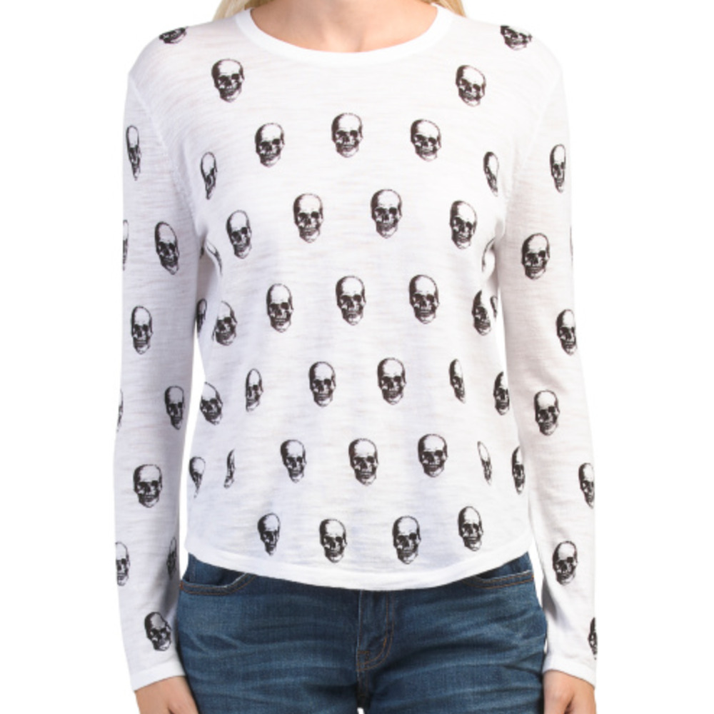 SKULL CASHMERE NWT Kalissa 100% Cotton Skull Print Long Sleeve Knit Top Shirt XS